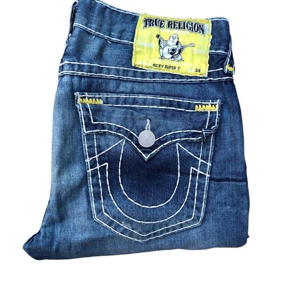 Vintage True Religion Jeans Size 36 RICKY SUPER T Yellow Stitch Blue - Picture 4 of 9